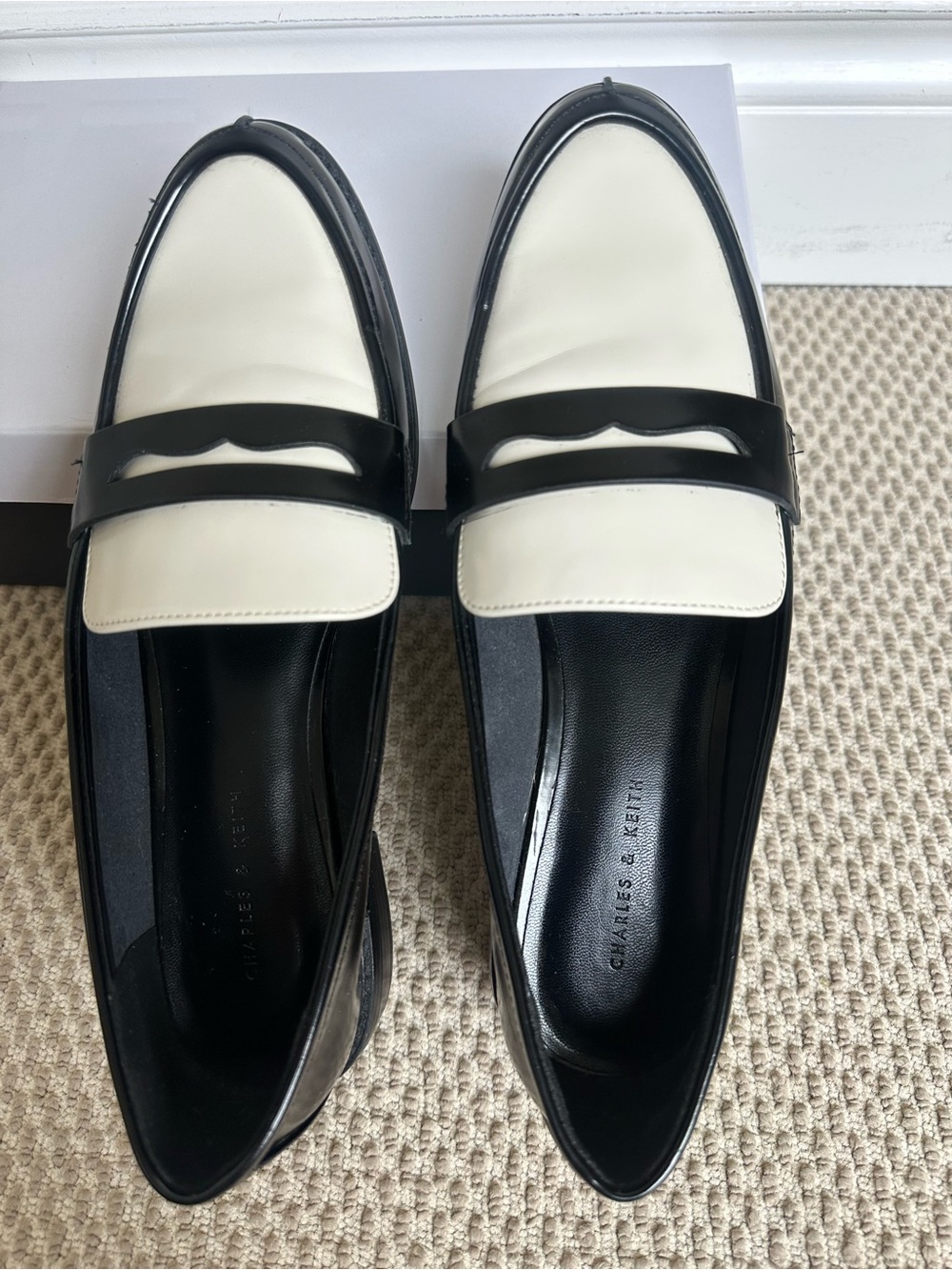 Charles & Keith Black and White Leather Penny Loafers for Women - Picture 6 of 8